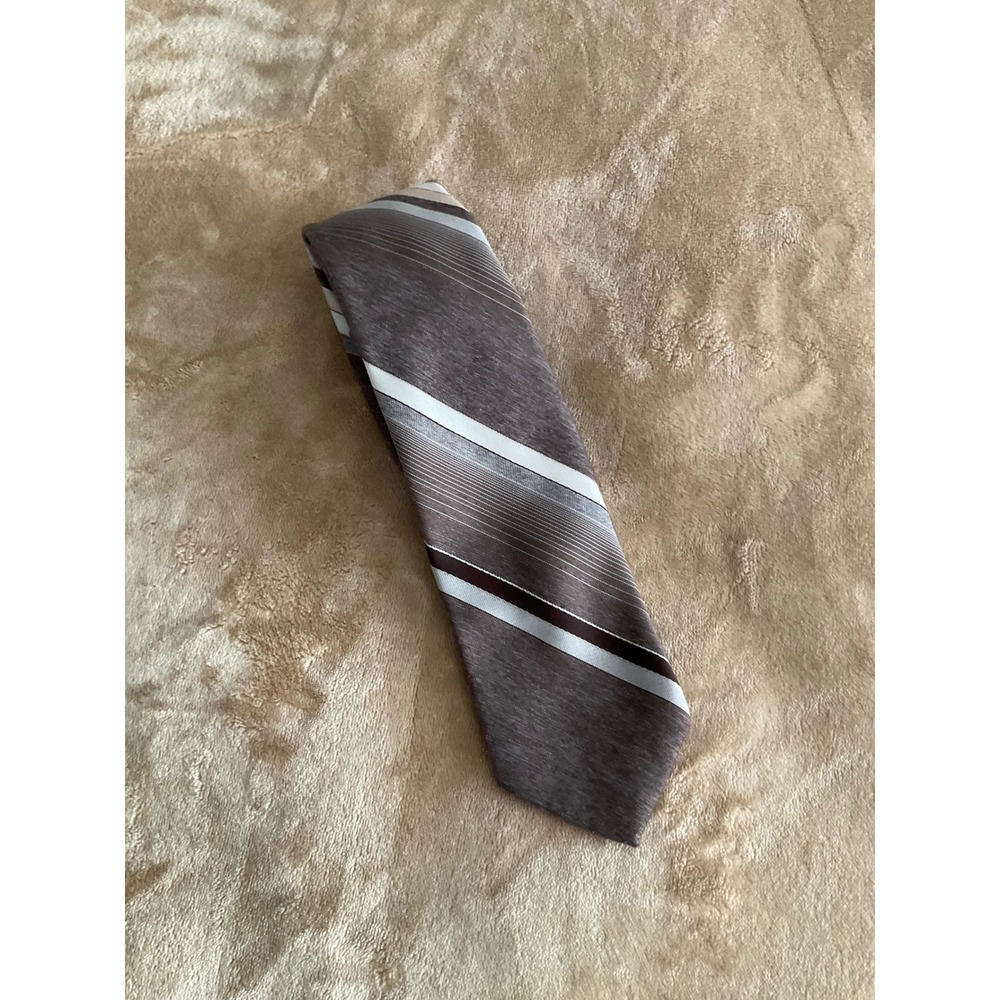 Mervyns Mens Collection Brown Tan White Striped Silk Blend Necktie Classic Tie